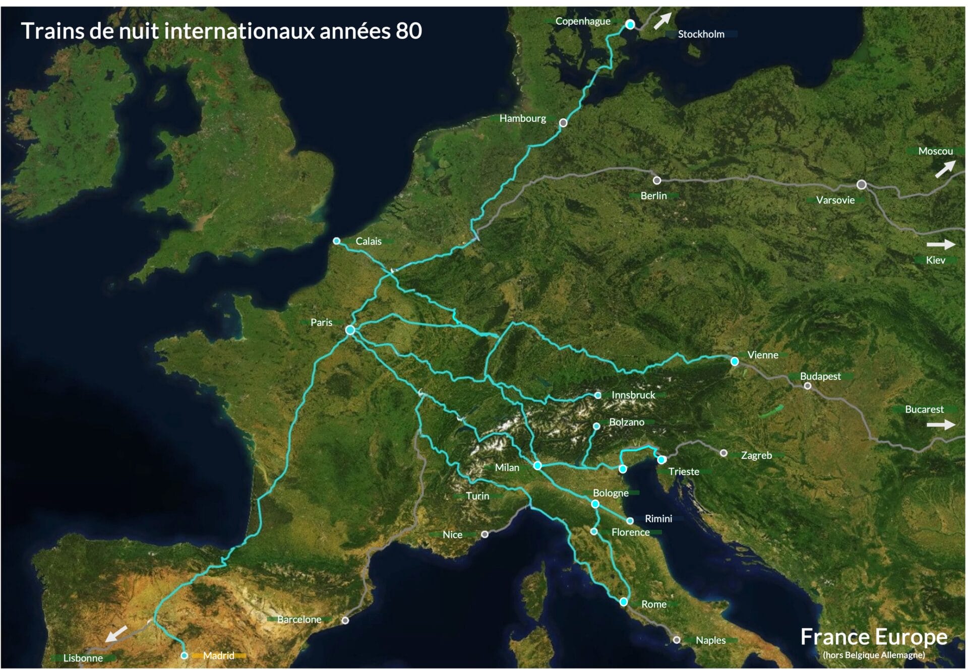 Map of international night trains in the 1980s Map of international night trains in the 1980s